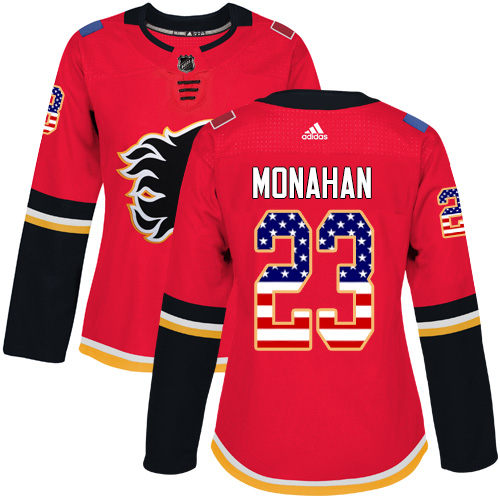 Adidas Flames #23 Sean Monahan Red Home Authentic USA Flag Women's Stitched NHL Jersey